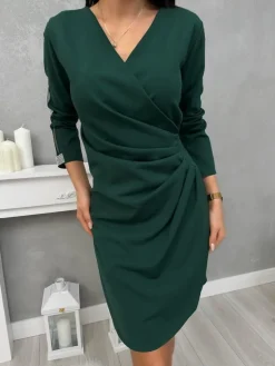 Ciemnozielona Sukienka z Marszczeniem 13416-514-A|Modna Kiecka Fashion