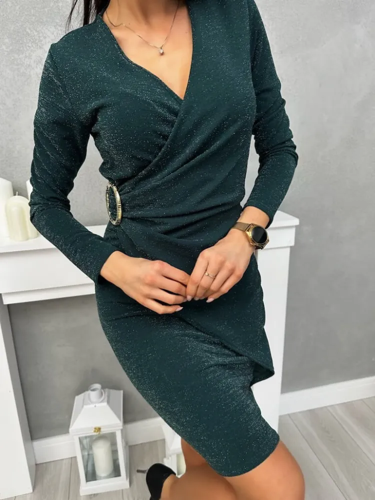 Ciemnozielona Sukienka z Ozdobą i Marszczeniem 13414-515-C|Modna Kiecka Fashion