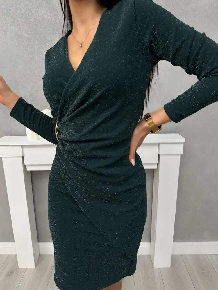 Ciemnozielona Sukienka z Ozdobą i Marszczeniem 13414-515-C|Modna Kiecka Fashion