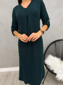 Ciemnozielona Sweterkowa Sukienka z Dekoltem V 12923-101-F|Modna Kiecka New