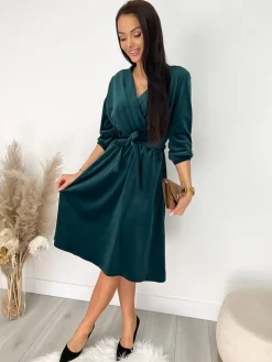 Ciemnozielona Welurowa Sukienka z Paskiem 9258-335-B|Modna Kiecka New