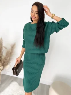 Ciemnozielony Komplet Sukienka+Sweterek 9248-171-B|Modna Kiecka New