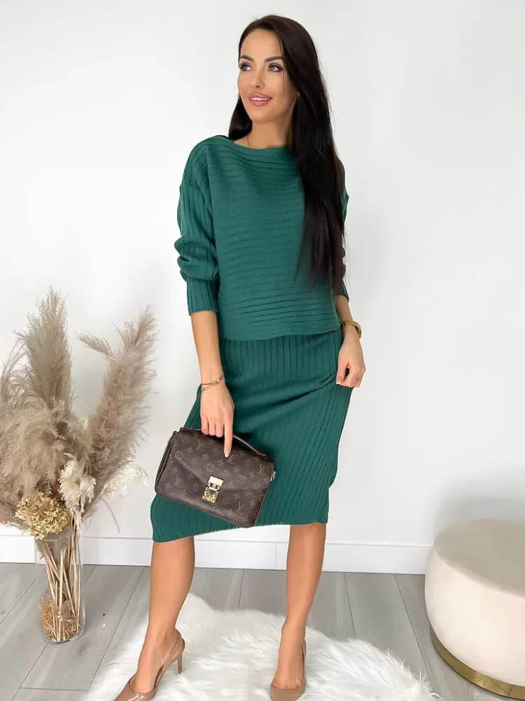 Ciemnozielony Komplet Sukienka+Sweterek 9248-171-B|Modna Kiecka New