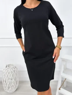 Czarna Bawełniana Sukienka z Kieszeniami 12762-270-C|Modna Kiecka Outlet