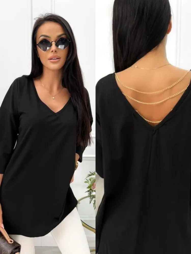 Czarna Bluzeczka z Ozdobnymi Łańcuszkami 13610-105-B|Modna Kiecka Outlet