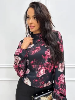 Czarna Bluzka w Kwiaty 13286-317 13286-317-Q|Modna Kiecka Discount