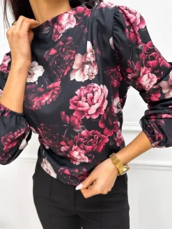 Czarna Bluzka w Kwiaty 13286-317 13286-317-Q|Modna Kiecka Discount