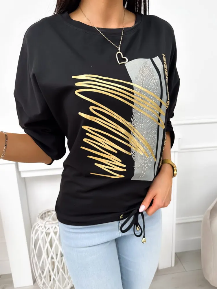 Czarna Bluzka z Aplikacją 11793-30-C|Modna Kiecka Discount