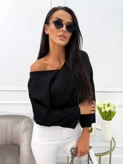 Czarna Bluzka z Wiązaniem 13826-240-B|Modna Kiecka Outlet