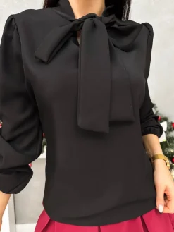 Czarna Bluzka z Wiązaniem 13269-512-A|Modna Kiecka Online