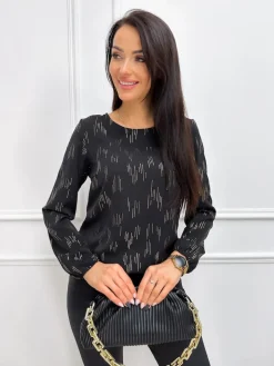 Czarna Bluzka ze Złotym Wzorem 13220-122-B|Modna Kiecka Fashion