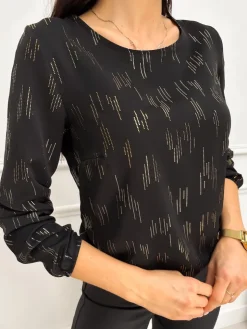 Czarna Bluzka ze Złotym Wzorem 13220-122-B|Modna Kiecka Fashion