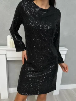 Czarna Cekinowa Sukienka z Wiązaniem 13408-316-A|Modna Kiecka Discount