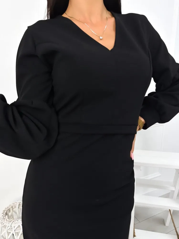 Czarna Klasyczna Sukienka z Dekoltem V 13065-55-A|Modna Kiecka Outlet