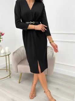Czarna Kopertowa Sukienka z Paskiem 9685-10-B|Modna Kiecka Outlet