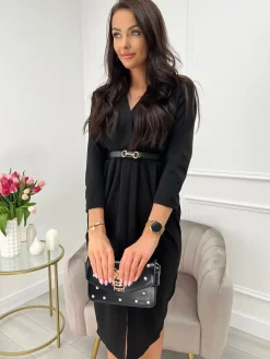 Czarna Kopertowa Sukienka z Paskiem 9685-10-B|Modna Kiecka Outlet