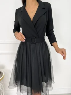 Czarna Kopertowa Sukienka z Tiulem 9257-238-B|Modna Kiecka Discount