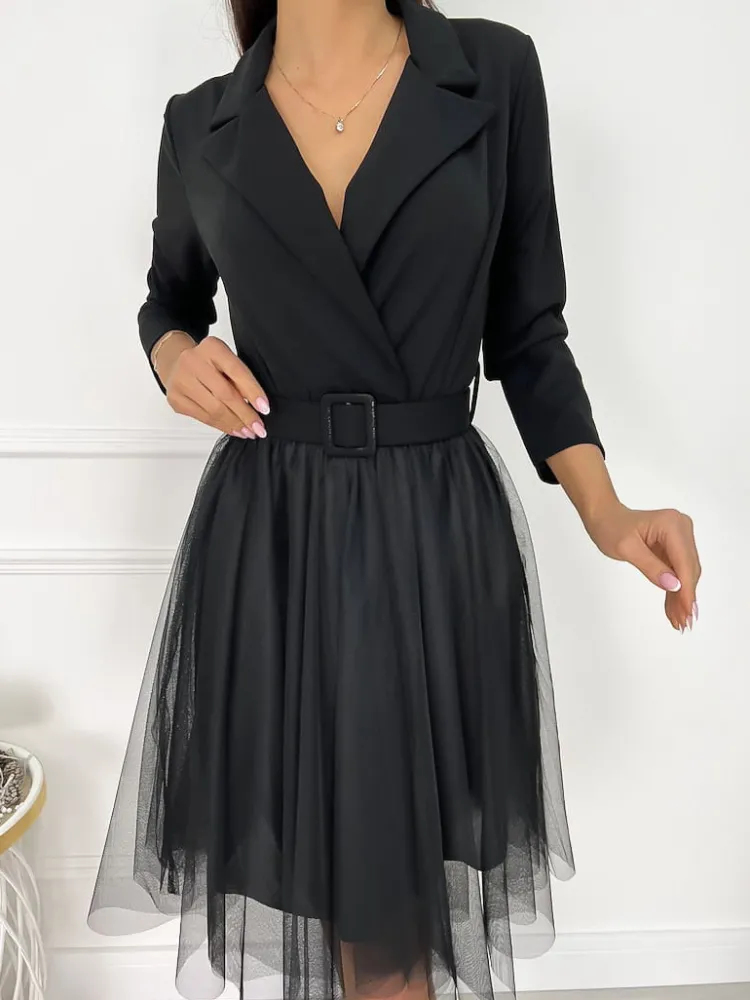 Czarna Kopertowa Sukienka z Tiulem 9257-238-B|Modna Kiecka Discount