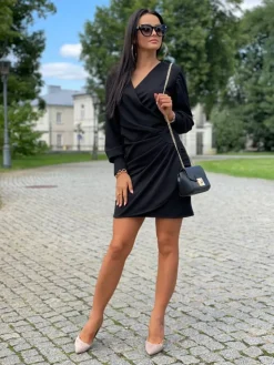Czarna Kopertowa Sukienka 11698-18-A|Modna Kiecka Clearance