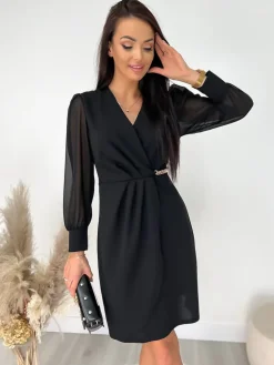 Czarna Kopertowa Sukienka z Łańcuszkiem 9225-08-B|Modna Kiecka Best