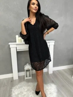 Czarna Koronkowa Sukienka z Dekoltem V 13396-349-B|Modna Kiecka Outlet