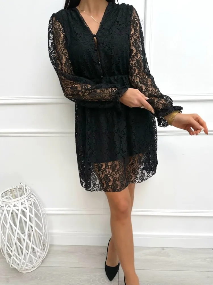 Czarna Koronkowa Sukienka z Guzikami 13373-144-B|Modna Kiecka Outlet