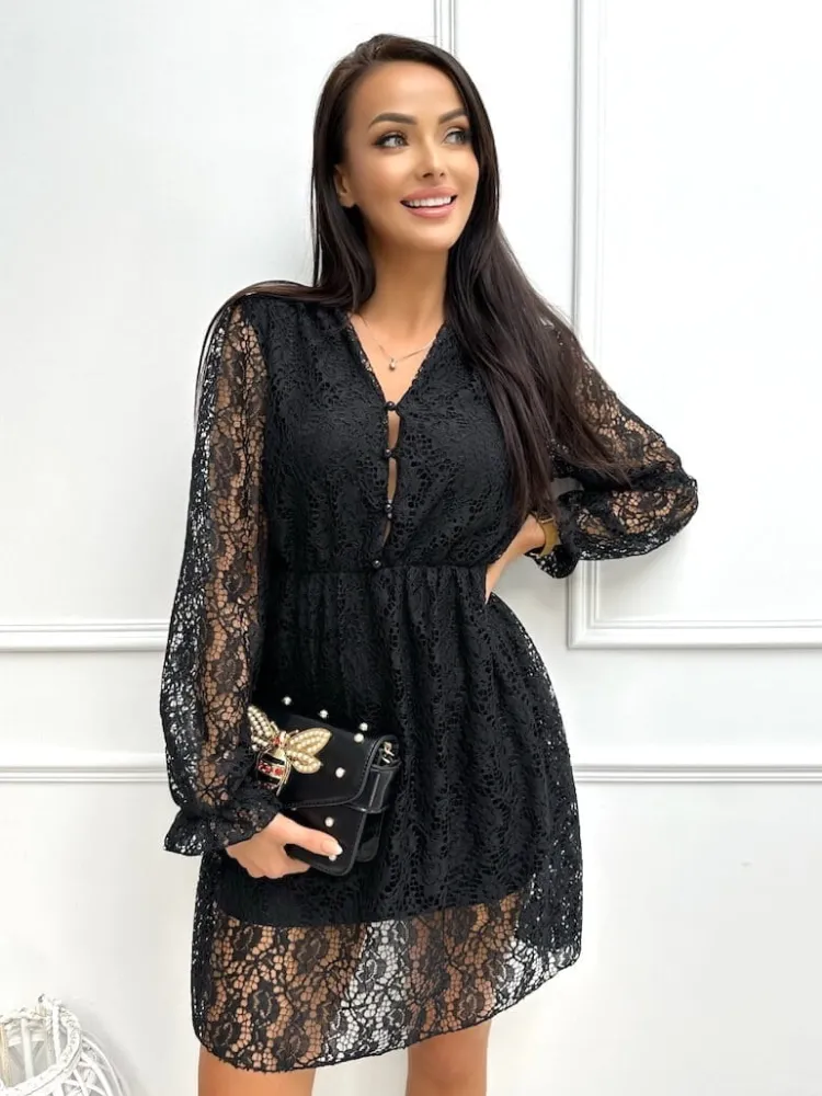Czarna Koronkowa Sukienka z Guzikami 13373-144-B|Modna Kiecka Outlet