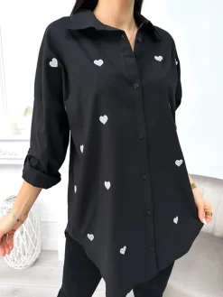 Czarna Koszula w Serduszka 11342-135-B|Modna Kiecka Sale