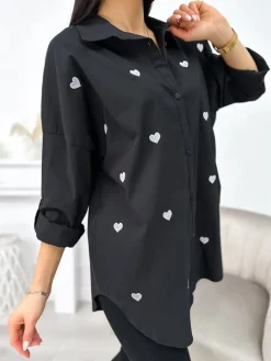 Czarna Koszula w Serduszka 11342-135-B|Modna Kiecka Sale
