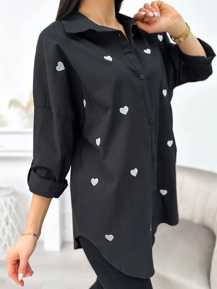 Czarna Koszula w Serduszka 11342-135-B|Modna Kiecka Sale