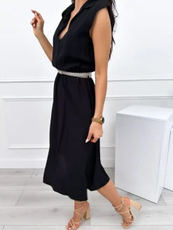 Czarna Letnia Sukienka Midi z Kołnierzykiem 12414-281-D|Modna Kiecka Outlet