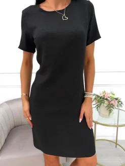 Czarna Lniana Sukienka 14091-285-D|Modna Kiecka New