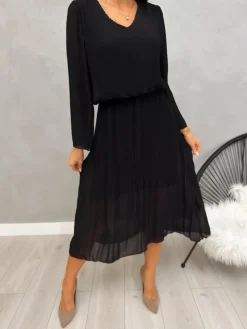 Czarna Plisowana Sukienka Midi 13192-401-D|Modna Kiecka Outlet