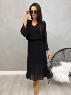Czarna Plisowana Sukienka Midi 13192-401-D|Modna Kiecka Outlet