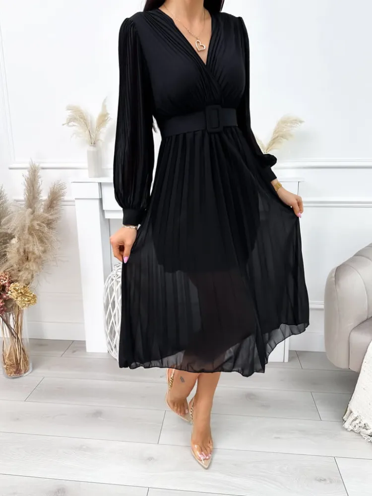 Czarna Plisowana Sukienka 11894-208-B|Modna Kiecka Outlet