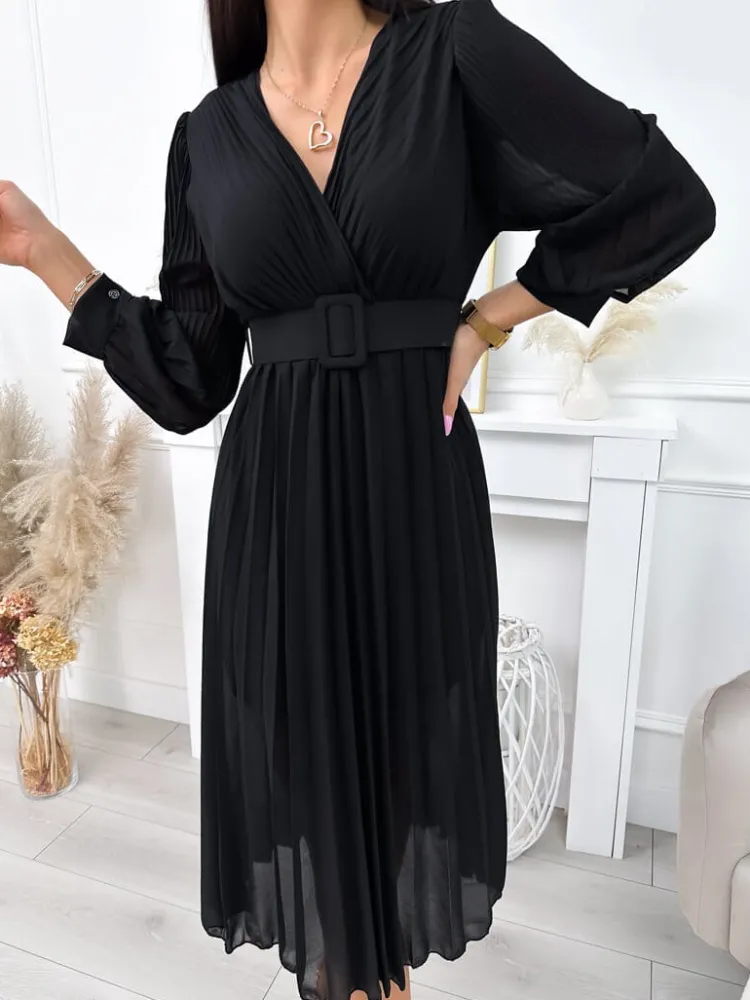Czarna Plisowana Sukienka 11894-208-B|Modna Kiecka Outlet