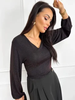Czarna Połyskująca Bluzka z Czerwoną Nitką 13317-199-A|Modna Kiecka Discount