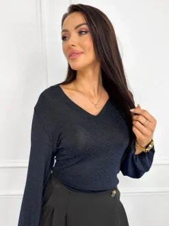 Czarna Połyskująca Bluzka z Niebieską Nitką 13317-199-B|Modna Kiecka Clearance