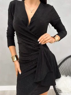 Czarna Połyskująca Sukienka z Marszczeniem i Falbanką 13239-87-B|Modna Kiecka Hot