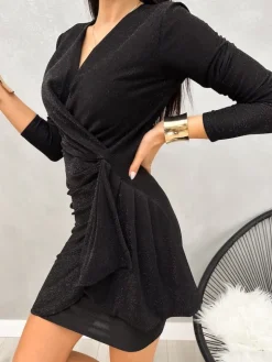 Czarna Połyskująca Sukienka z Marszczeniem i Falbanką 13239-87-B|Modna Kiecka Hot