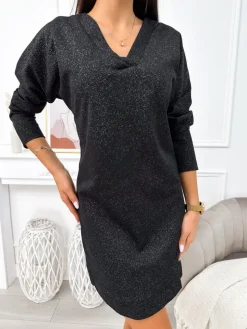 Czarna Połyskująca Sukienka 11640-33-Q|Modna Kiecka Outlet