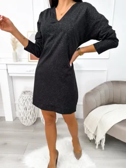 Czarna Połyskująca Sukienka 11640-33-Q|Modna Kiecka Outlet