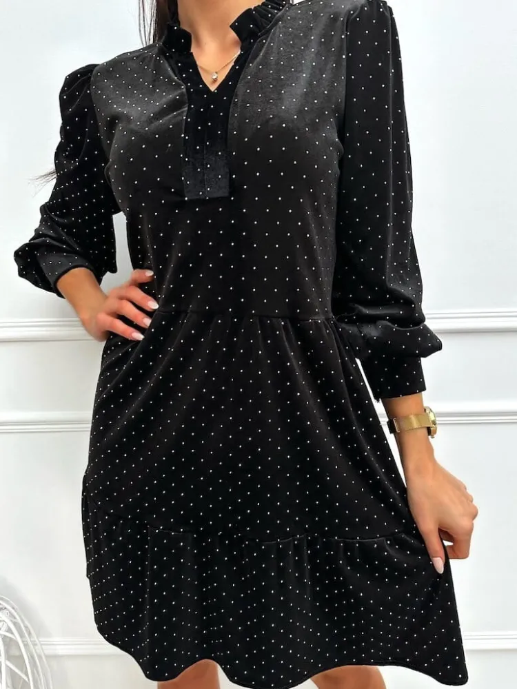 Czarna Połyskująca Welurowa Sukienka 13360-409-B|Modna Kiecka Outlet