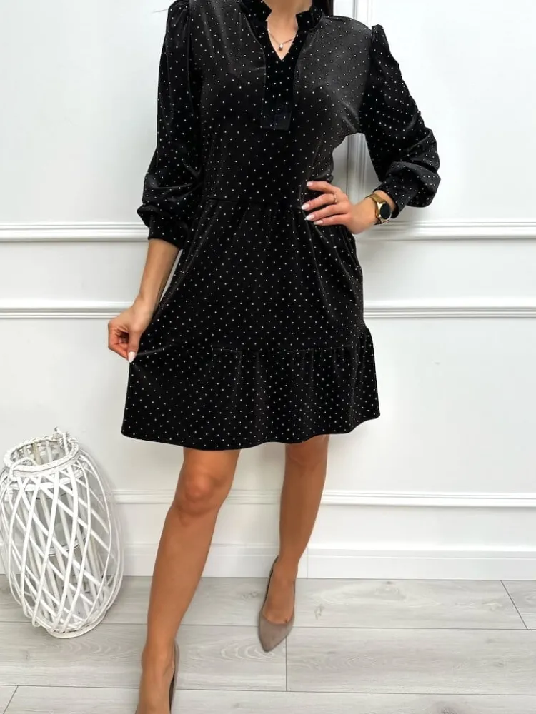 Czarna Połyskująca Welurowa Sukienka 13360-409-B|Modna Kiecka Outlet