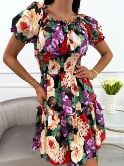 Czarna Sukienka Hiszpanka w Kwiaty 13923-287-B|Modna Kiecka Online