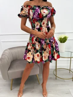 Czarna Sukienka Hiszpanka w Kwiaty 13923-287-B|Modna Kiecka Online