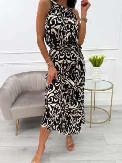 Czarna Sukienka Maxi w Beżowy Wzór z Paskiem 14019-233-C|Modna Kiecka Hot