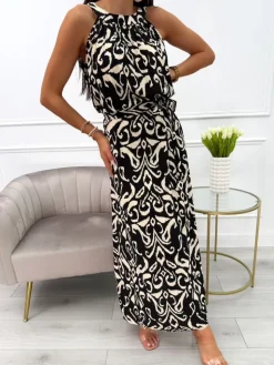 Czarna Sukienka Maxi w Beżowy Wzór z Paskiem 14019-233-C|Modna Kiecka Hot