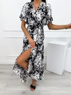 Czarna Sukienka Maxi w Biały Wzór 12357-325-A|Modna Kiecka Fashion