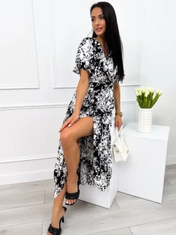 Czarna Sukienka Maxi w Biały Wzór 12357-325-A|Modna Kiecka Fashion